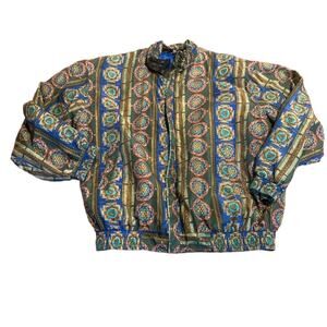 Vintage Silk CoAco Track Bomber Jacket Geometric Size XL Multicolored